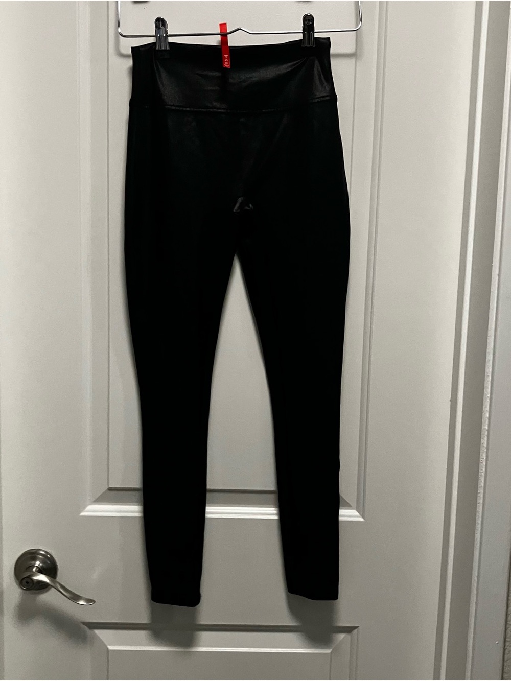 SPANX Black Faux Leather Leggings Size L Large High Waisted Shaping Stretch